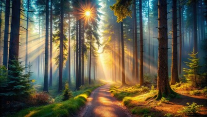 Obraz premium Sunlit pine trees pierce ethereal mist, a surreal forest path unfolds in fantasy.