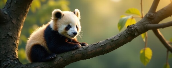Obraz premium Adorable panda cub nestled in a Chinese tree branch , conservation, woodland, stock photo