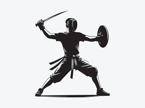 Silhouette of Arnis Player Practicing Stick Fighting