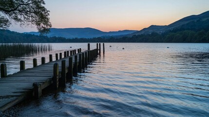 Obraz premium Serene Lakeside Pier at Dusk with Calm Water and Scenic Mountains