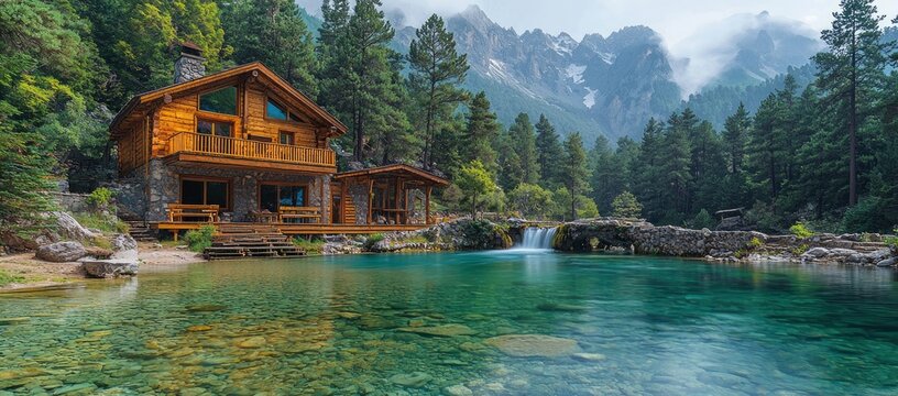 Mountain chalet by a crystal clear alpine lake