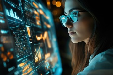 A person sitting in front of a computer screen with glasses on, possibly working or browsing
