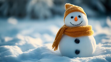 Fototapeta premium Cheerful snowman with a knitted yellow scarf and beanie 
