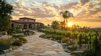 Scenic Sunset Over Vibrant Vineyard Pathway with Rustic House