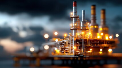 Illuminated Nighttime Oil Refinery Facility with Glowing Cityscape Backdrop  Industrial landscape showcasing the complex infrastructure and machinery of an oil processing plant under the night sky