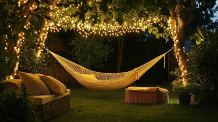 Cozy backyard with hammock under twinkling lights