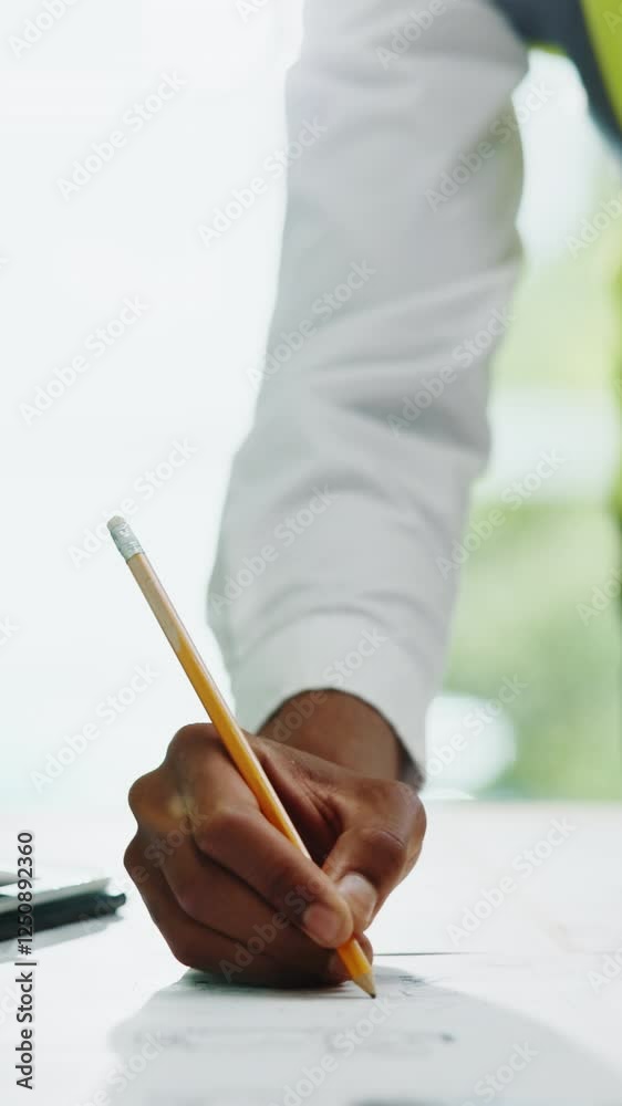 Poster pencil, writing and hand of architect with blueprint for building notes, contractor ideas or develop