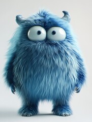 Fototapeta premium Cute blue furry monster 3D cartoon character.