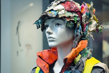 A fashion mannequin dressed in a vibrant hat and jacket, perfect for showcasing clothing or accessories