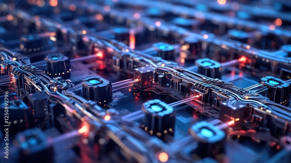 Poster abstract futuristic circuit board with glowing lights and intricate design.