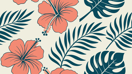 Fototapeta premium A bold tropical floral pattern with large hibiscus flowers, monstera leaves, and ferns