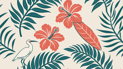 A tropical floral pattern featuring bright hibiscus flowers, lush palm leaves, and exotic birds
