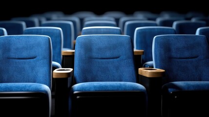 Fototapeta premium A row of empty blue theater seats with wooden armrests, creating a sense of anticipation and solitude in a darkened environment.