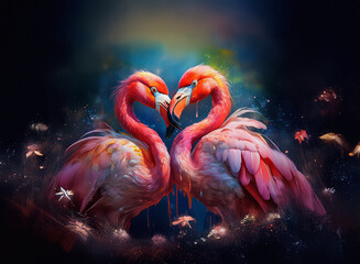Two pink flamingos form a heart against a dark, dreamy background. The birds are facing each other, their necks curved to create a loving symbol.