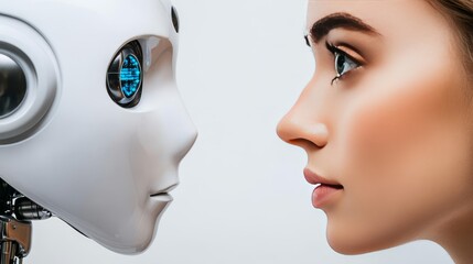 A businesswoman and a robot facing each other, looking into each other's eyes, symbolizing the clash between human intelligence and artificial intelligence, modern technologies, and neural networks