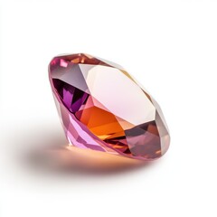 Elegant pink and orange gemstone isolated on white background showcasing brilliant cut and colorful facets