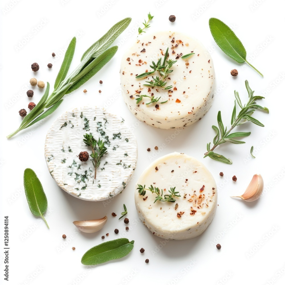 Poster A selection of three cheeses garnished with fresh herbs and spices, perfect for snacking or serving at a gathering