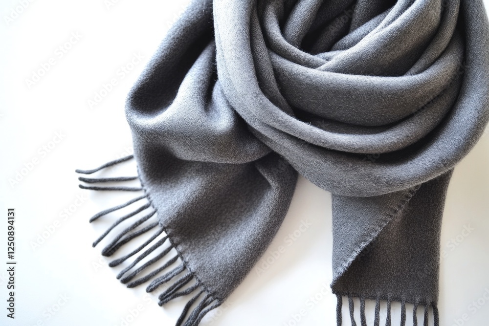 Poster a scarf with fringes lying flat on a white background, suitable for close-up photography or product 