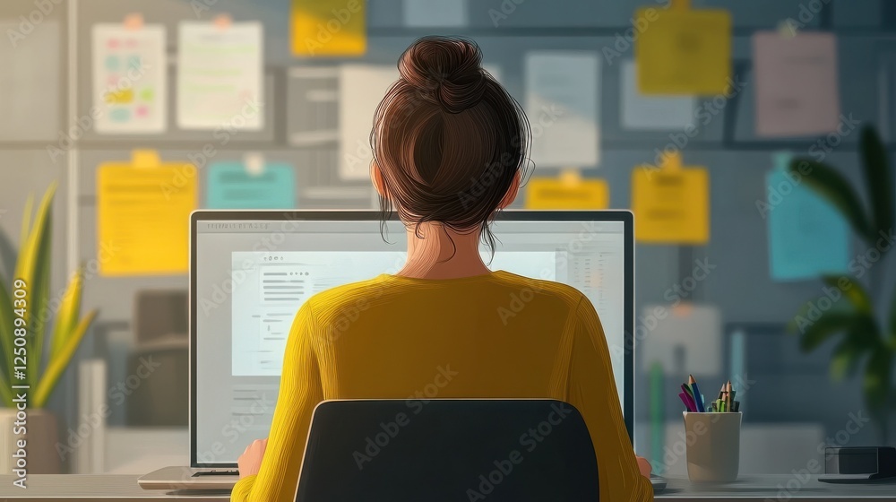 Poster agile software development methodology. scrum process concept. woman developer working on a laptop. 