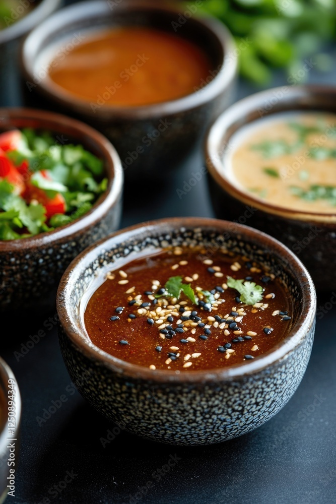 Poster a table with various soups and bowls