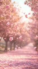 Serene Cherry Blossom Path with Pink Petals in Soft Morning Light
