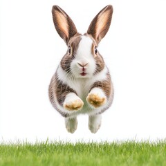Fototapeta premium Jumping Brown and White Rabbit Over Green Grass with White Background