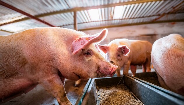 Pigs eating in a modern barn 