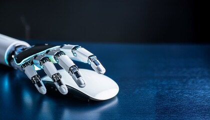 robotic hand using a computer mouse on a dark blue surface. The image evokes a sense of technological advancement and automation.