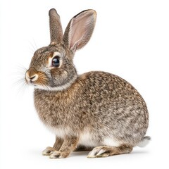 Fototapeta premium Cute and Fluffy Brown Rabbit Sitting on White Background, Ideal for Nature and Animal-Themed Projects