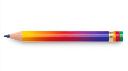 Colorful pencil with gradient design, showcasing vibrant blue, orange, purple, and green hues on a white background