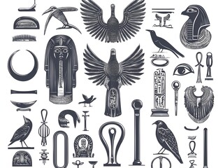 Obraz premium Ancient Egyptian hieroglyph icons with gods, ankh and scarab symbols