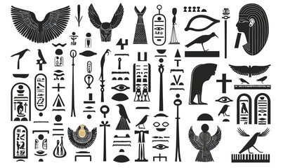 An illustration featuring various Egyptian hieroglyphs arranged in a random, artistic layout