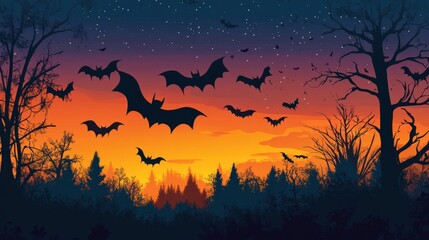 Fototapeta premium Vector illustration of Halloween night with bats flying against a forest silhouette, 2D flat style, colorful orange, black, blue, and purple palette, cartoon-like and vibrant, digital art