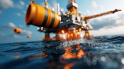 Offshore oil and gas drilling platform with glowing digital charts and data visualizations reflecting in the calm tranquil sea at night