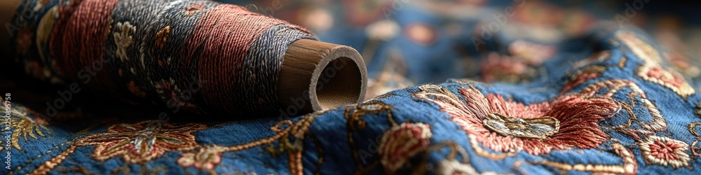 Poster a spool of thread sits on top of a piece of cloth, ready for use