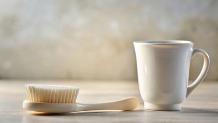 Wooden Brush and White Cup on Simple Natural Background