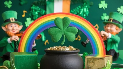 A decorative St. Patrick’s Day setup with a pot of gold, shamrock, rainbow, and leprechauns, creating a festive and colorful holiday atmosphere