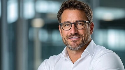 Obraz premium portrait of a smiling confident middle aged Caucasian business executive wearing a suit and tie He is looking directly at the with a friendly authoritative expression in an indoor studio setting