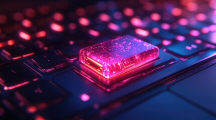 Futuristic chip on keyboard, neon glow, tech background, website banner