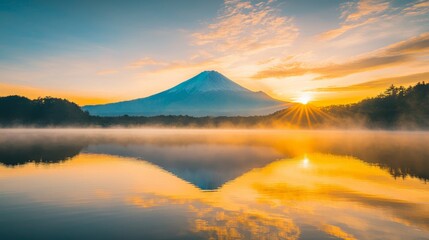 Obraz premium Majestic Sunrise Over Mount Fuji Reflecting in Calm Lake Waters