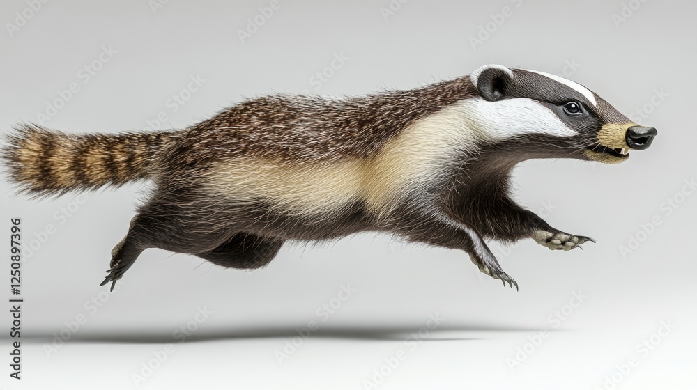 Aufkleber a badger leaping into the air with its mouth open, capturing a moment of playfulness