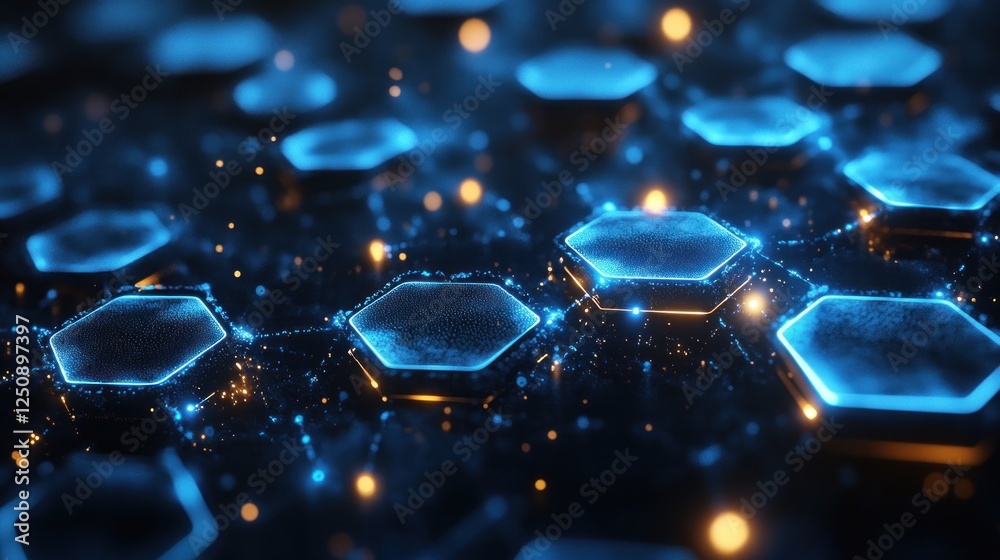 Poster abstract glowing blue hexagons forming a network on dark background.