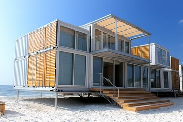 A modern home made from shipping containers placed on the beach, surrounded by natural surroundings