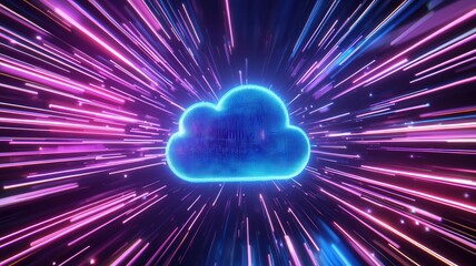 Luminous neon icon cloud emitting vibrant light trails, symbolizing high speed data transfer within digital communication network