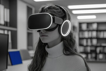 A young woman with long hair uses a VR headset in a modern office setting.