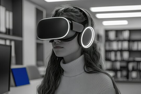 A young woman with long hair uses a VR headset in a modern office setting. - Powered by Adobe