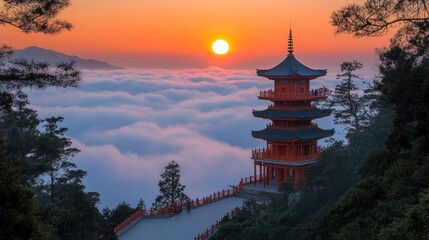 Obraz premium Sunset Pagoda, Mountaintop Cloudscape, Asia