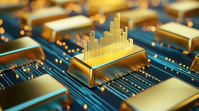 Golden bars emerging from electronic circuit, representing financial technology growth and digital investment trends