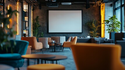 Modern lounge area with projector screen and cozy seating arrangement