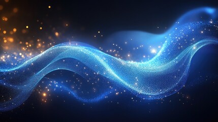Obraz premium Abstract glowing blue wave with golden particles on dark background.